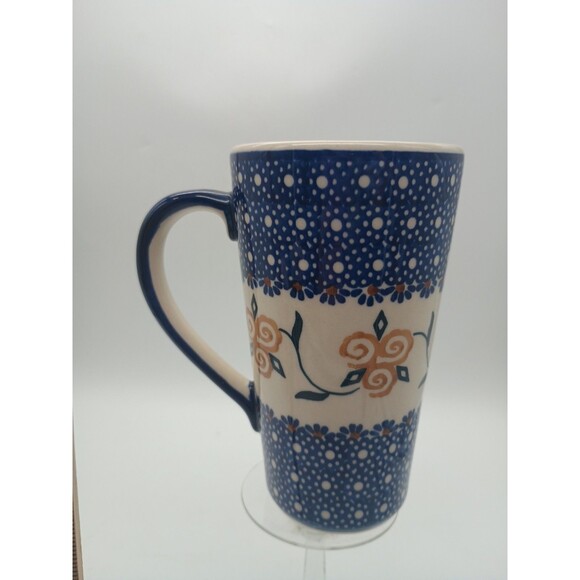 Boleslawiec Polish Pottery Tall Mug Yellow Flower Pattern - 14 oz To Rim - Picture 3 of 7